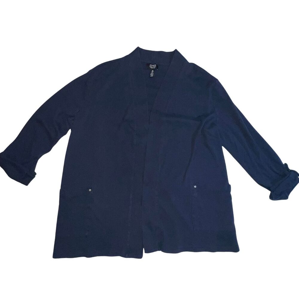 Jones New York Cardigan Womens Large Blue Open Casual Sweater Roll Tab Sleeve